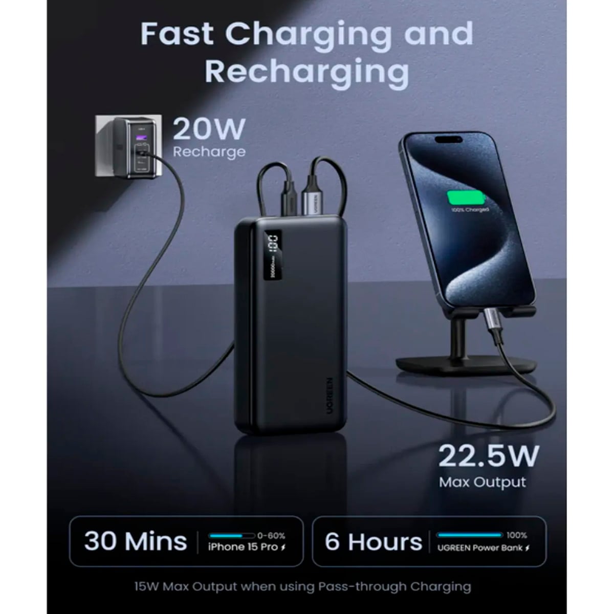 POWER BANK UGREEN 20.000MAH CARGA RAPIDA PORTATIL 20W PB312 ROSA - 1