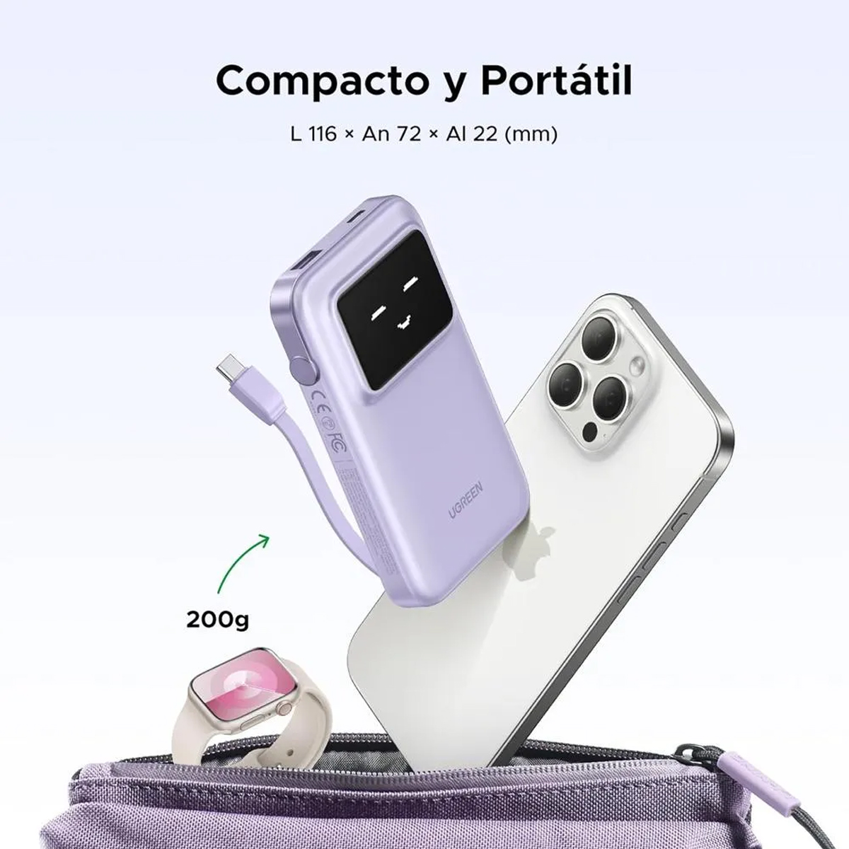 POWER BANK UGREEN 10000MAH CON CABLE USB-C 30W PURPLE - 3