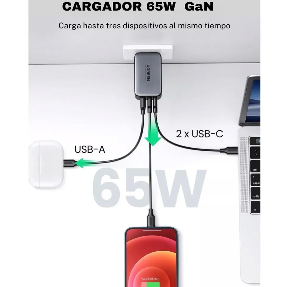 CARGADOR ADAPTADOR UGREEN 65W PARED 3 PUERTOS USB-A Y TIPO-C GRIS - 3