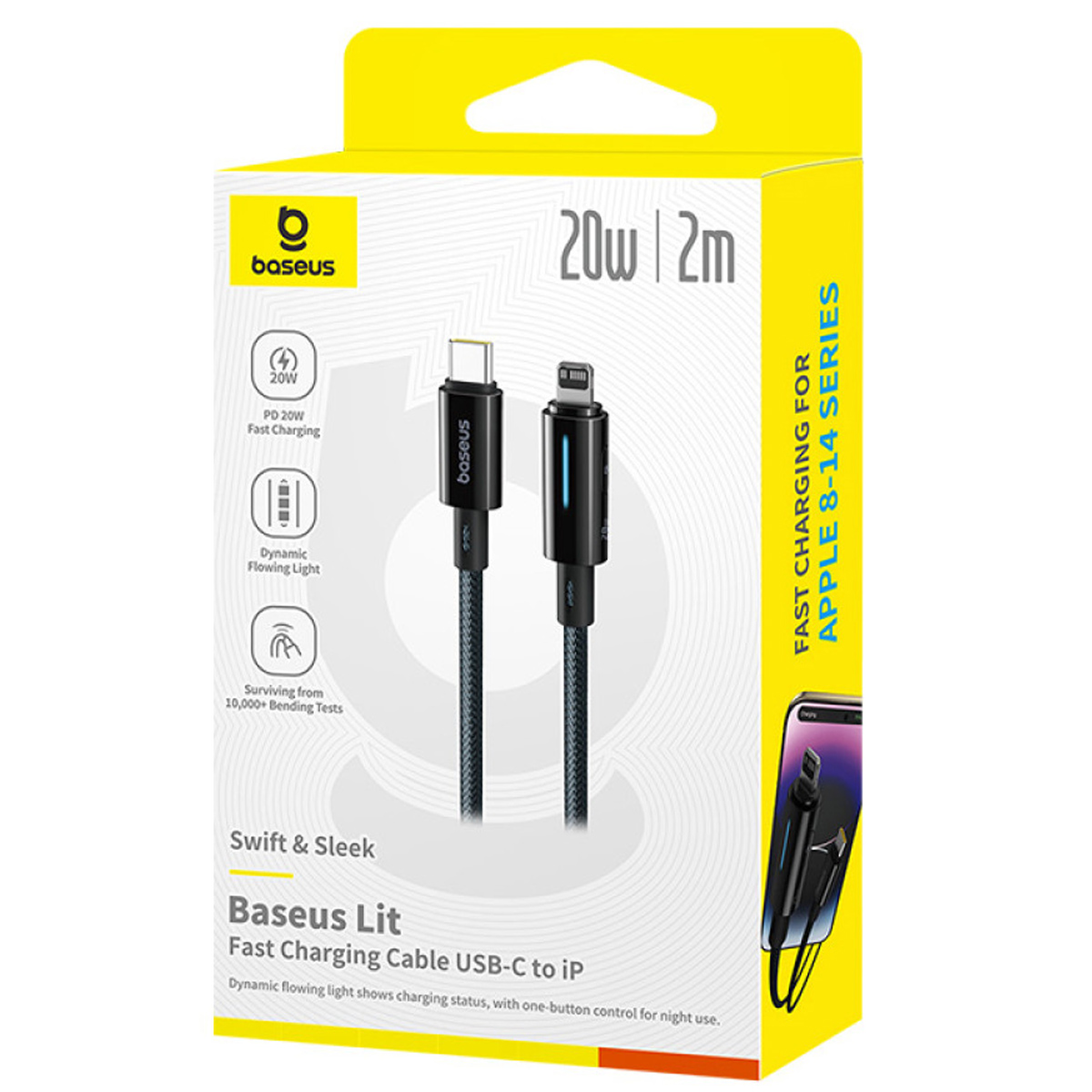 CABLE BASEUS LIT USB-C A LIGHTNING 20W DE 2M CARGA RÁPIDA NEGRO - 1