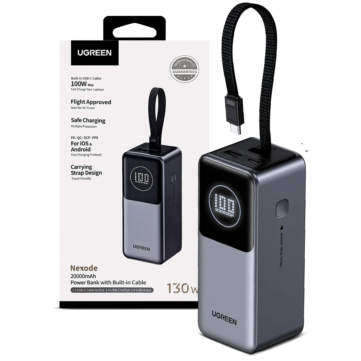 POWER BANK UGREEN 20000 MAH 130W CON CABLE INTEGRADO PB723 - 1
