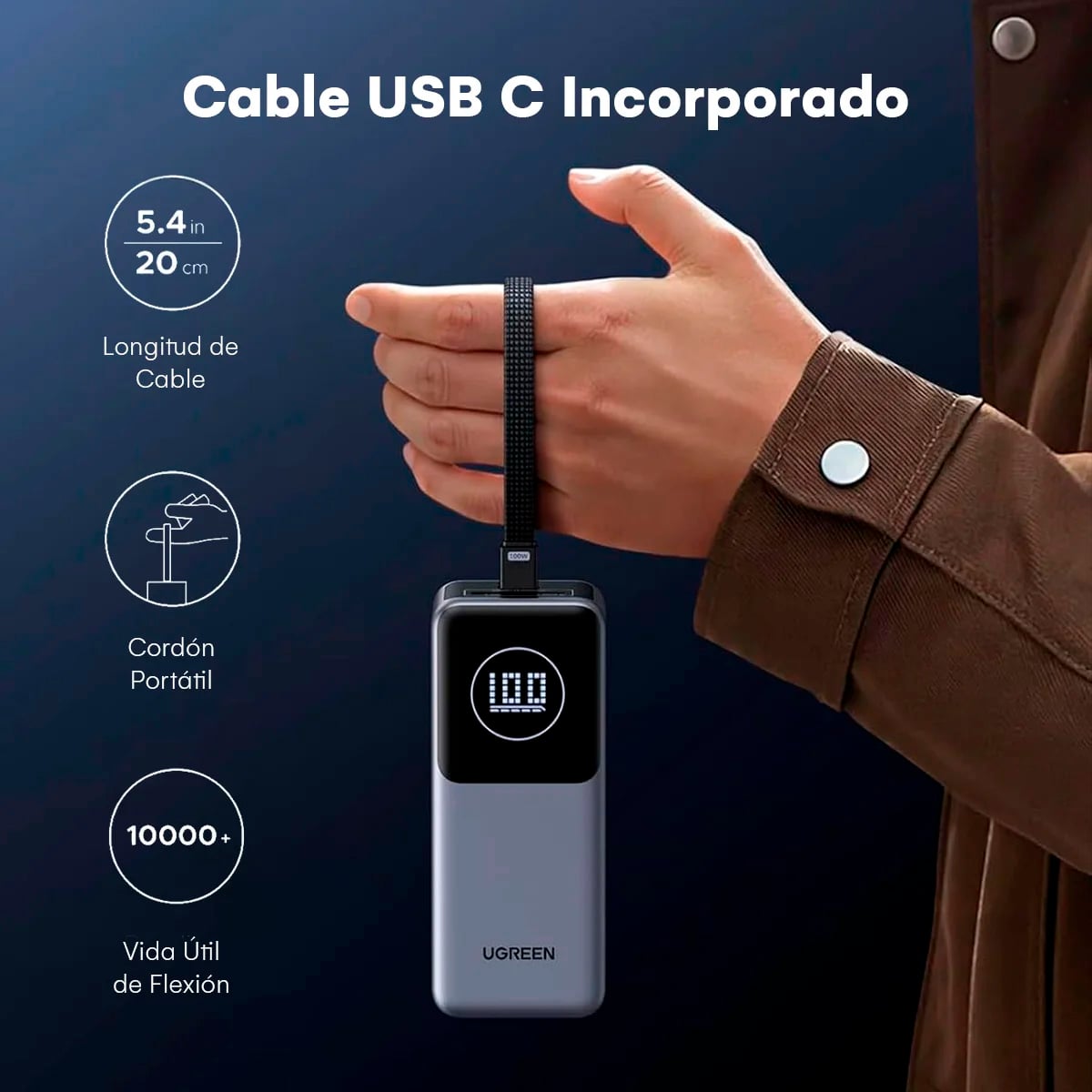 POWER BANK UGREEN 20000 MAH 130W CON CABLE INTEGRADO PB723 - 2