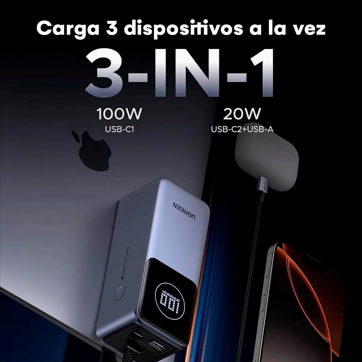 POWER BANK UGREEN 20000 MAH 130W CON CABLE INTEGRADO PB723 - 3