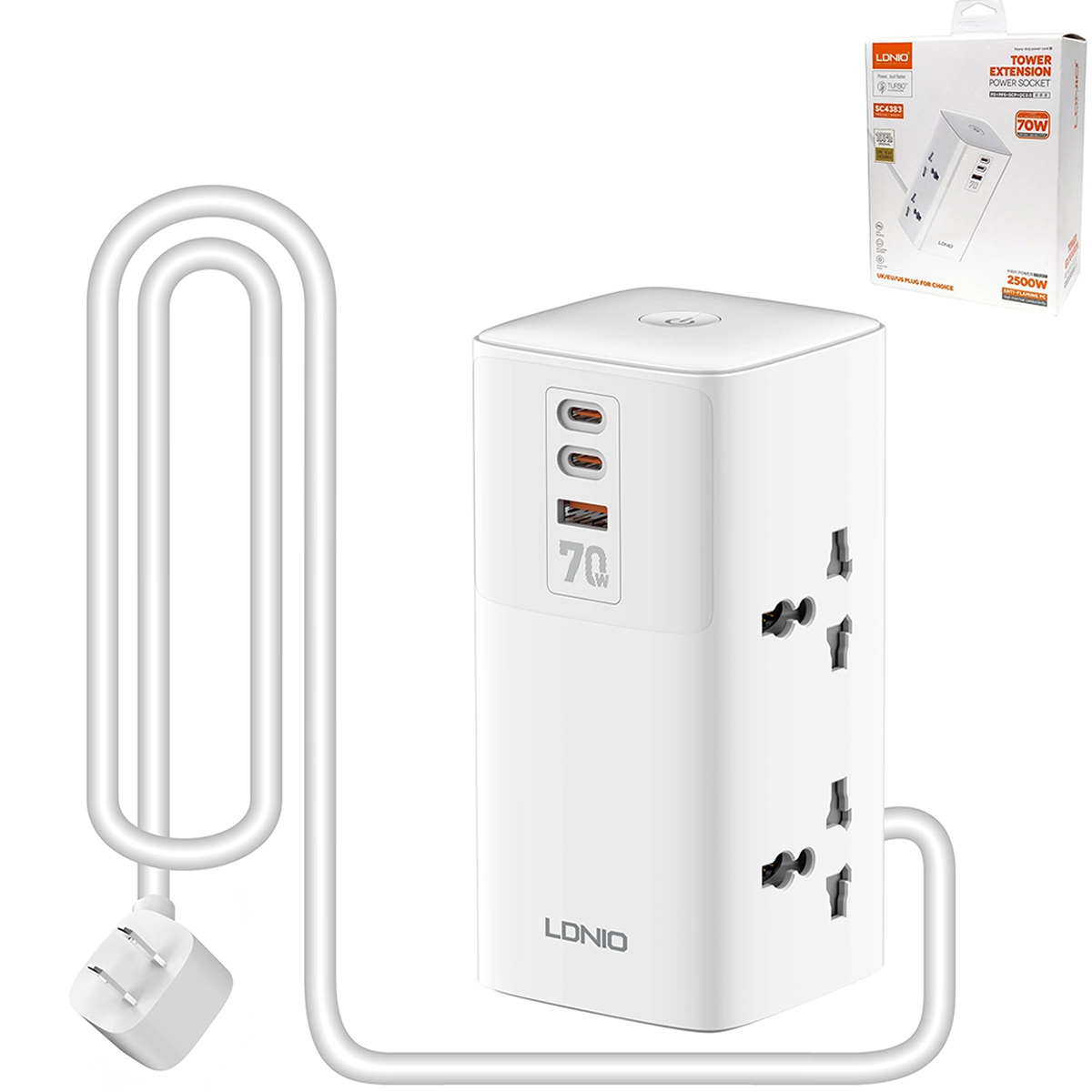 TOMACORRIENTE EXTENSIÓN LDNIO SC4383 CARGA RÁPIDA 70W BLANCO - 1