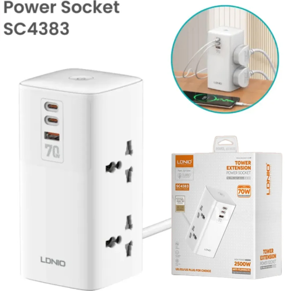 TOMACORRIENTE EXTENSIÓN LDNIO SC4383 CARGA RÁPIDA 70W BLANCO - 3