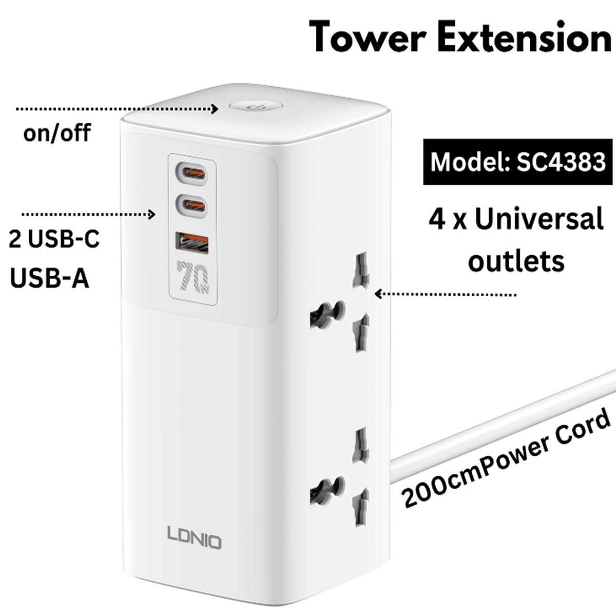 TOMACORRIENTE EXTENSIÓN LDNIO SC4383 CARGA RÁPIDA 70W BLANCO - 4