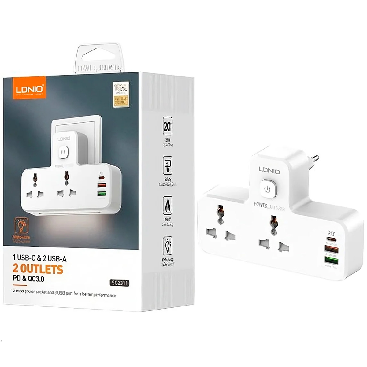 EXTENSIÓN DE CARGADOR USB DE 3 PUERTOS LDNIO SC2311 DE 20W - 1