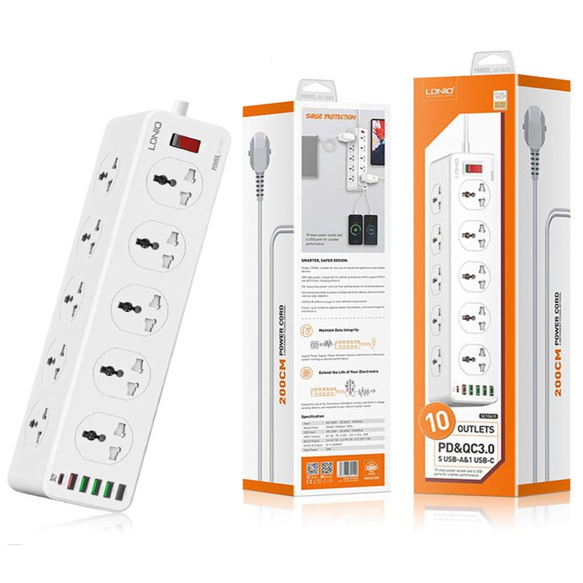 TOMA CORRIENTE LDNIO SC10610 CARGA RÁPIDA 10SOCKET 5USB 1TIPO C - 1