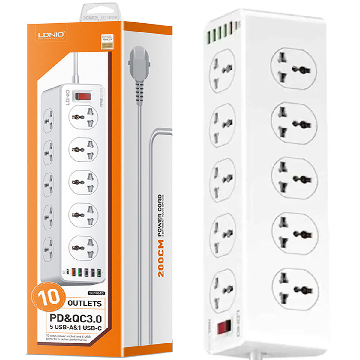 TOMA CORRIENTE LDNIO SC10610 CARGA RÁPIDA 10SOCKET 5USB 1TIPO C - 2