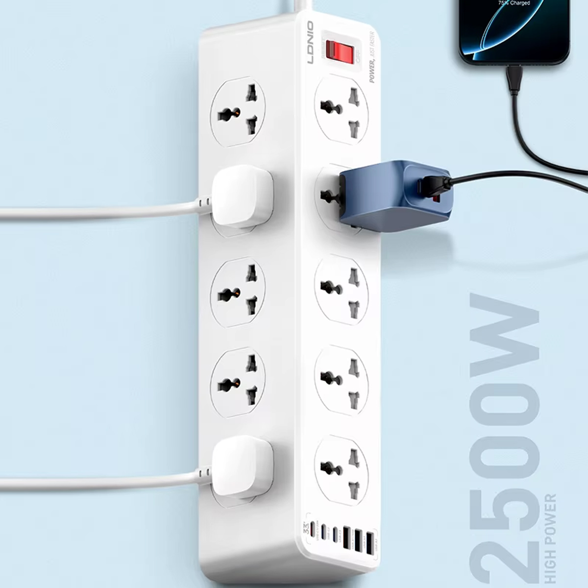 TOMA CORRIENTE LDNIO SC10610 CARGA RÁPIDA 10SOCKET 5USB 1TIPO C - 4