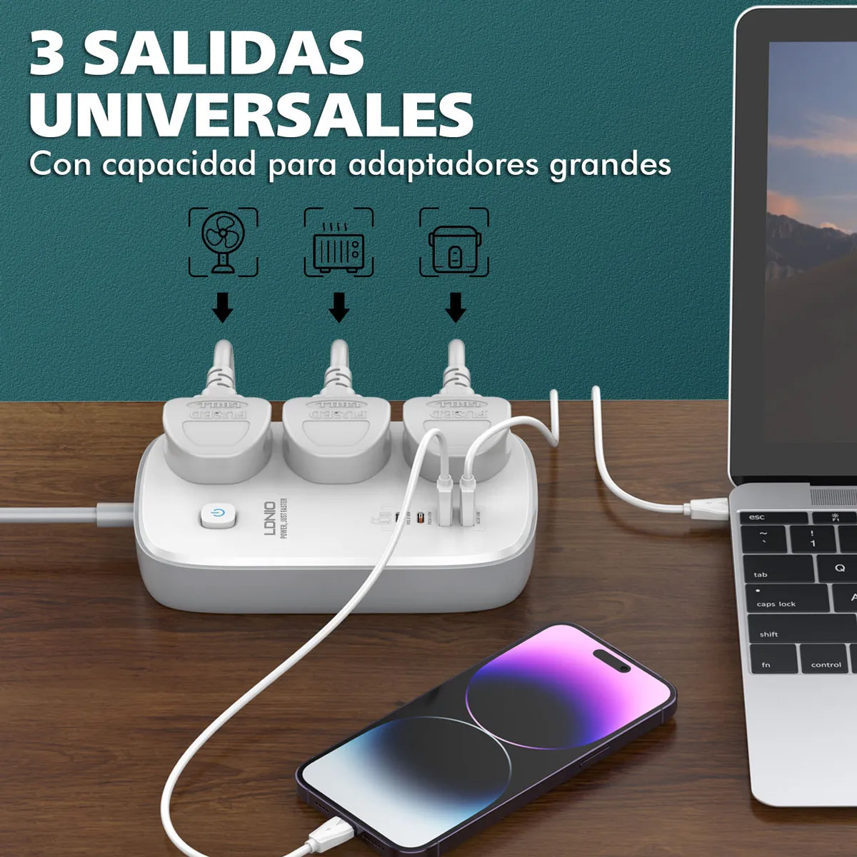 REGLETA LDNIO SC3416 2M 7 TOMAS UNIVERSAL USB-A USB-C BLANCO - 4