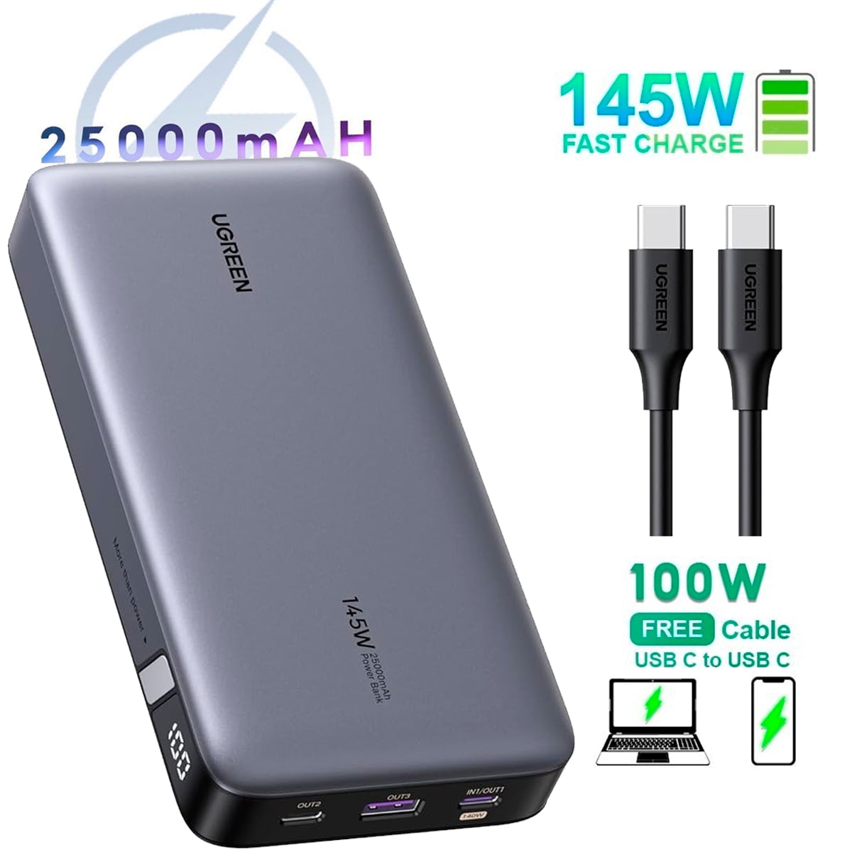 CARGADOR POWERBANK 25000MAH 145W NEXODE UGREEN PB205 / 90597A - 1