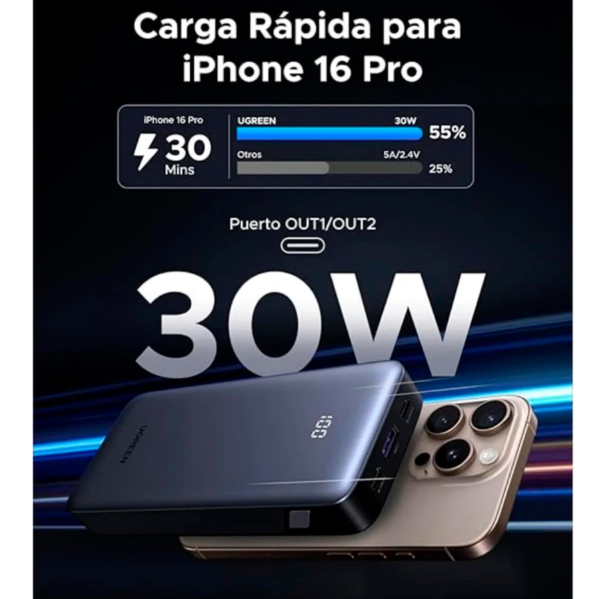 CARGADOR PORTÁTIL UGREEN 20000MAH 30W PD QC CON PANTALLA LCD - 55989B - 5