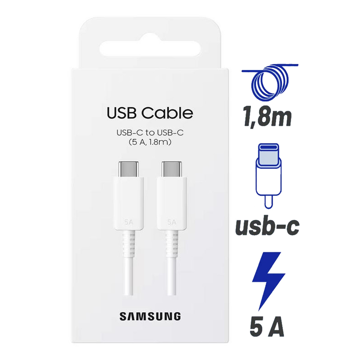 CABLE SAMSUNG 5A 1.8M, EL MÁS RÁPIDO, BLANCO - 1
