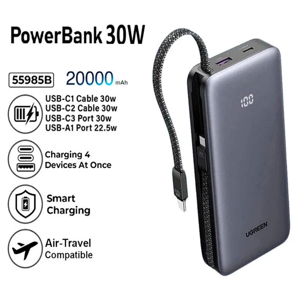POWER BANK 20000MAH PD 30W UGREEN PB528 55985B 2 PORTS - 3