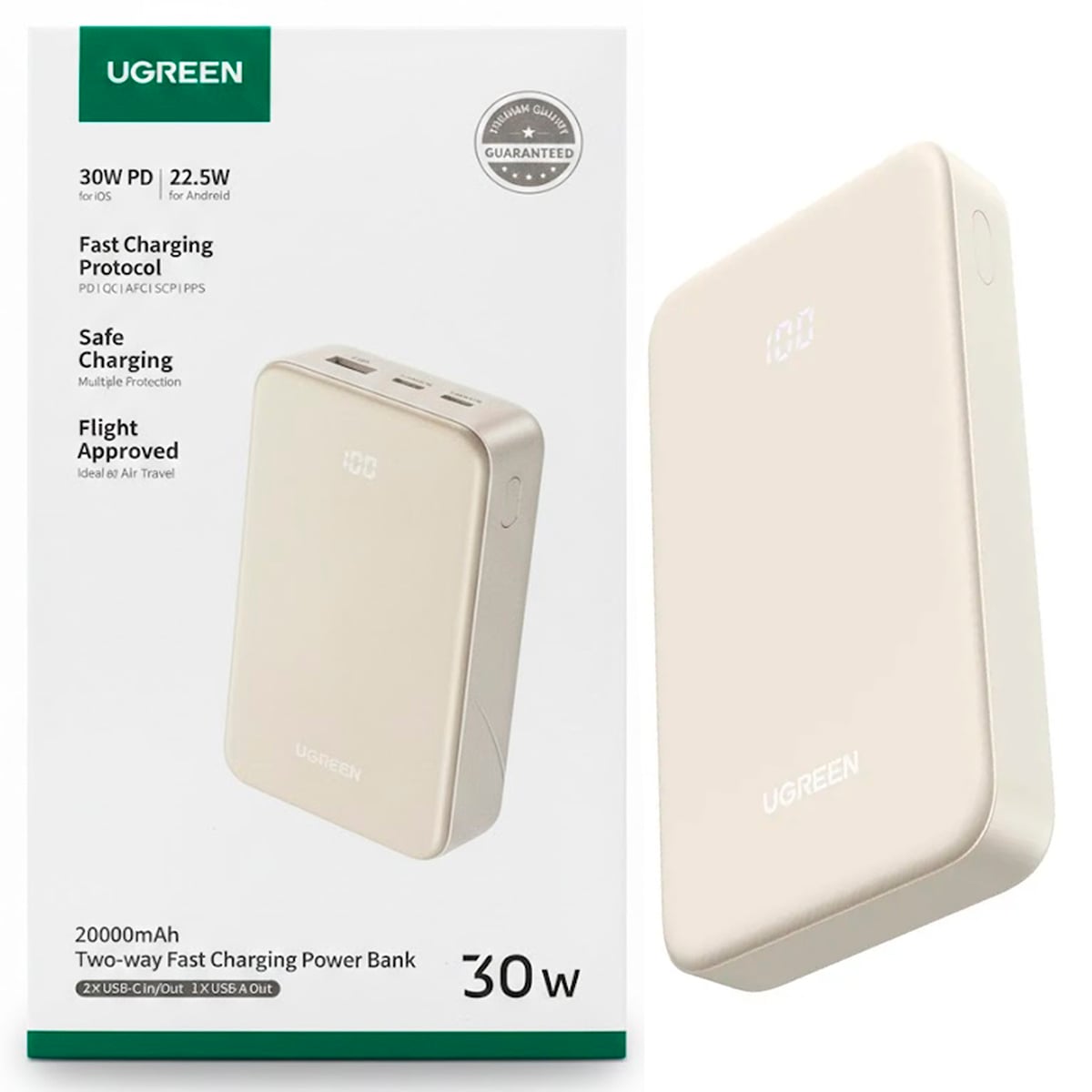 POWER BANK UGREEN PB531 20000 MAH CARGA RÁPIDA BIDIRECCIONAL DE 30W BEIGE - 1