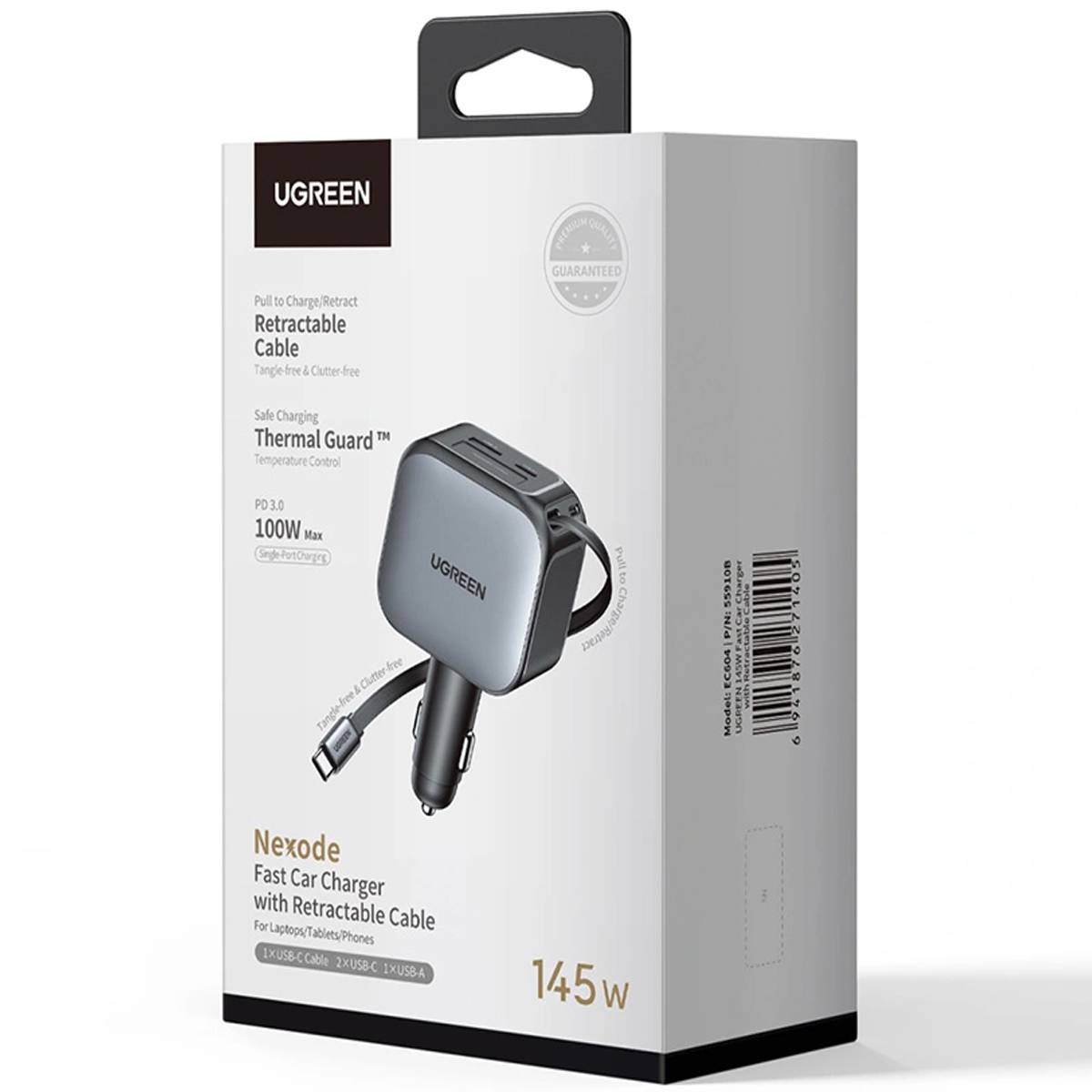 CARGADOR DE AUTO UGREEN EC604 NEXODE 145W CON CABLE RETRACTIL GRIS - 4