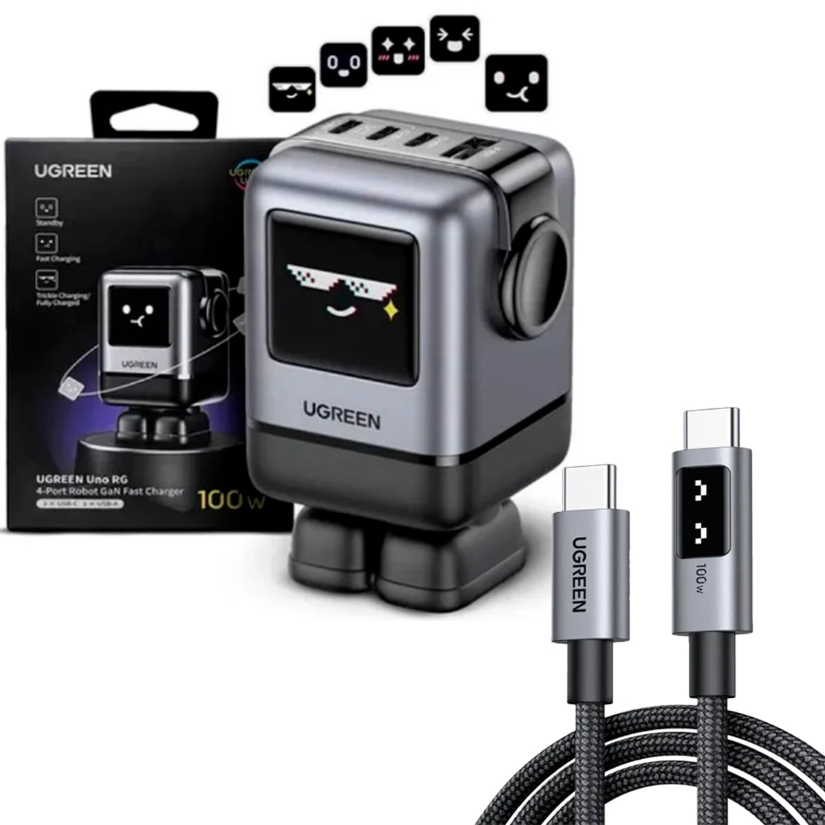 UGREEN CARGADOR ROBOT 100W + CABLE CARITA 100W 2M NEGRO - 1