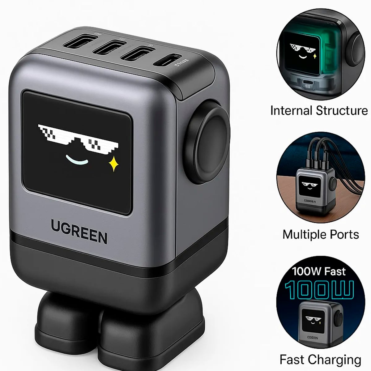 UGREEN CARGADOR ROBOT 100W + CABLE CARITA 100W 2M NEGRO - 2