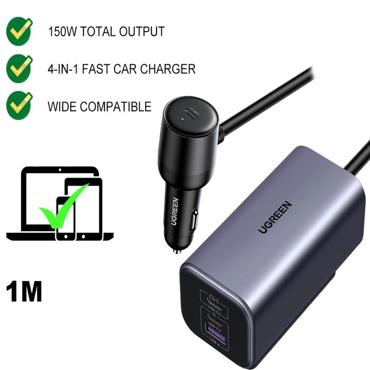 CARGADOR PARA AUTO 150W UGREEN EC706 GAN 4 PUERTOS CARGA RÁPIDA NEGRO - 1