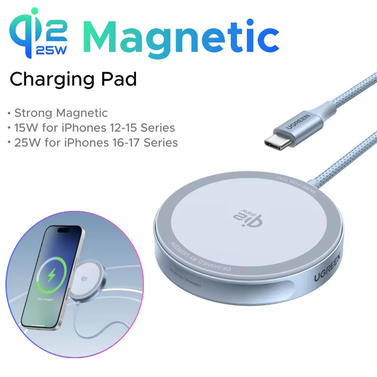 CARGADOR INALÁMBRICO UGREEN W753 MAGFLOW QI2 25W MAGSAFE CELESTE - 1