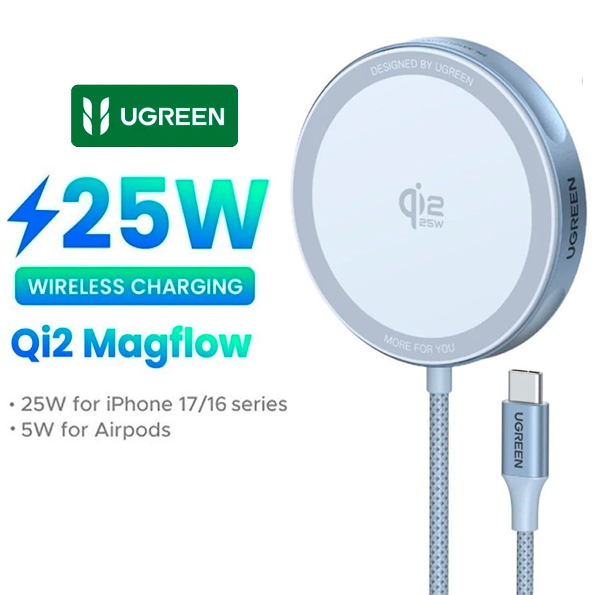 CARGADOR INALÁMBRICO UGREEN W753 MAGFLOW QI2 25W MAGSAFE CELESTE - 2