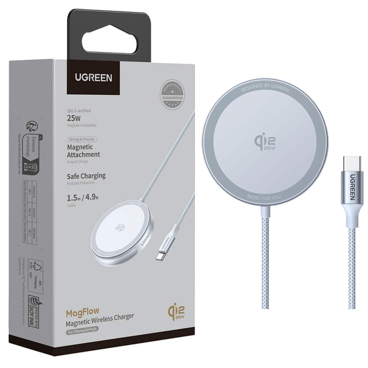 CARGADOR INALÁMBRICO UGREEN W753 MAGFLOW QI2 25W MAGSAFE CELESTE - 8