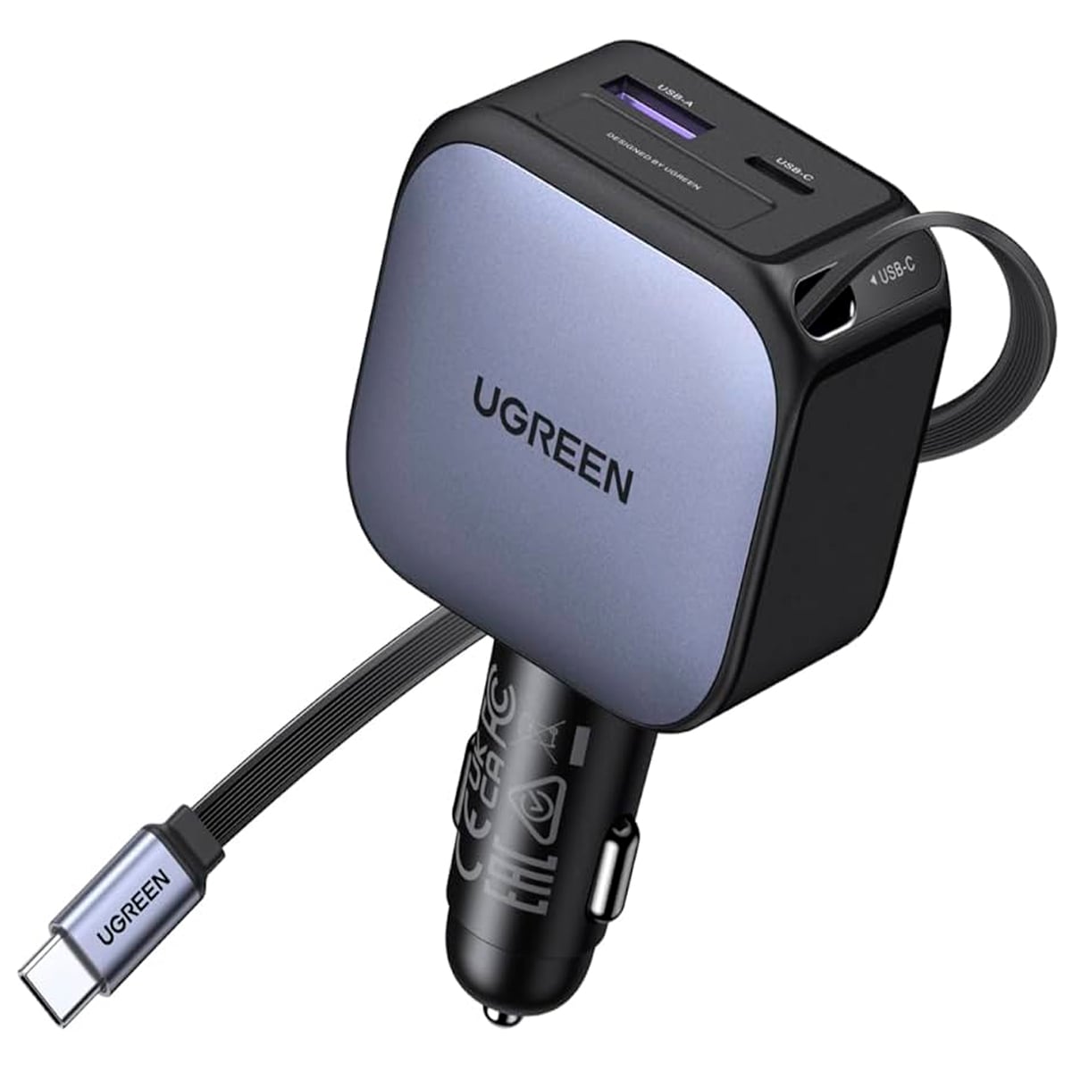 CARGADOR DE AUTO UGREEN EC603 NEXODE 90W CON CABLE RETRACTIL GRIS - 5
