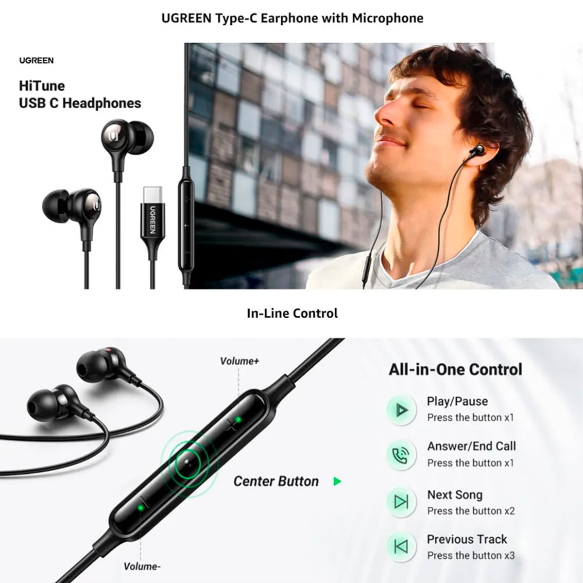 AUDÍFONOS IN-EAR UGREEN TIPO C PARA ANDROID Y LAPTOP NEGRO - 2