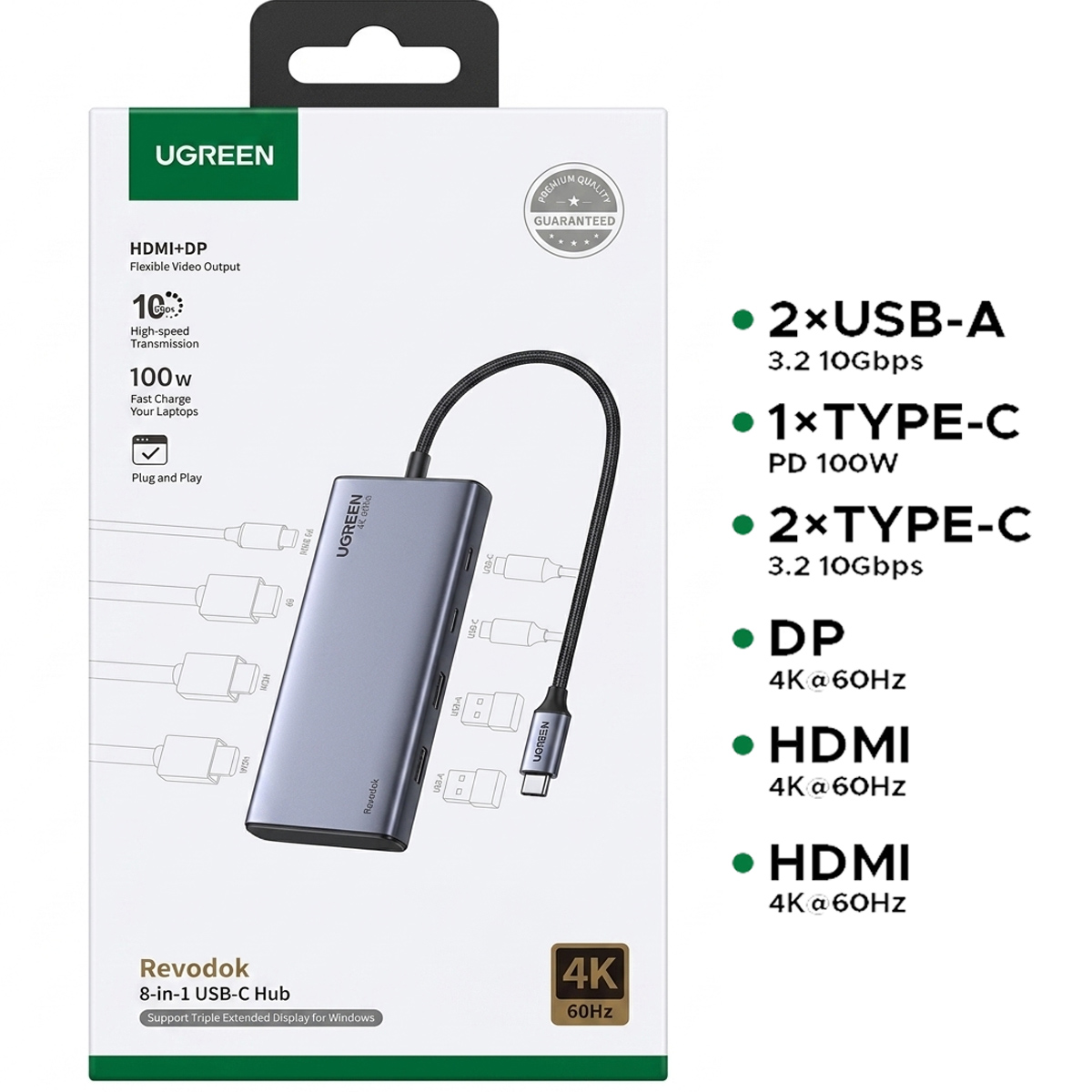 ADAPTADOR UGREEN CM639 HUB REVODOK 8 EN 1 HDMI DP 4K 60HZ TIPO C 100W GRIS - 2