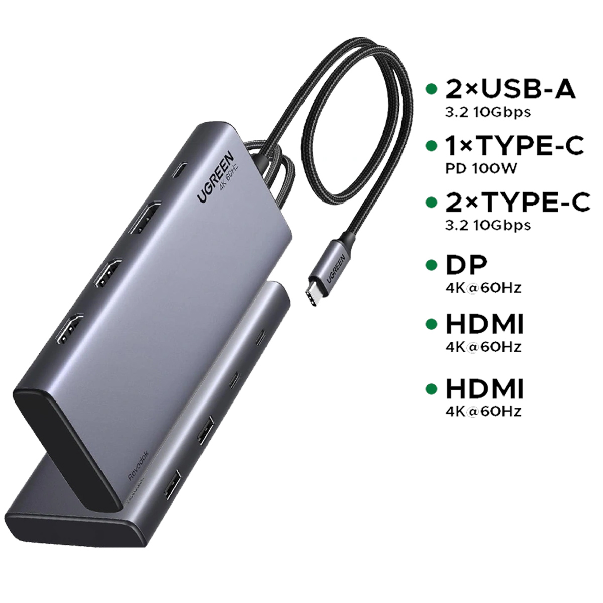 ADAPTADOR UGREEN CM639 HUB REVODOK 8 EN 1 HDMI DP 4K 60HZ TIPO C 100W GRIS - 3