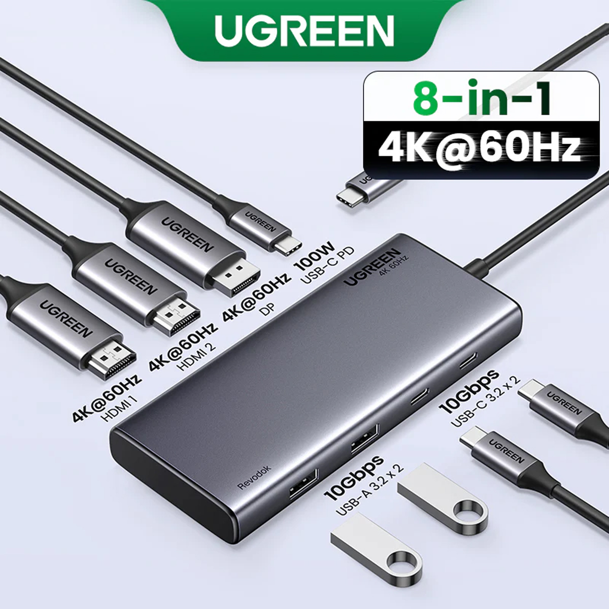 ADAPTADOR UGREEN CM639 HUB REVODOK 8 EN 1 HDMI DP 4K 60HZ TIPO C 100W GRIS - 6