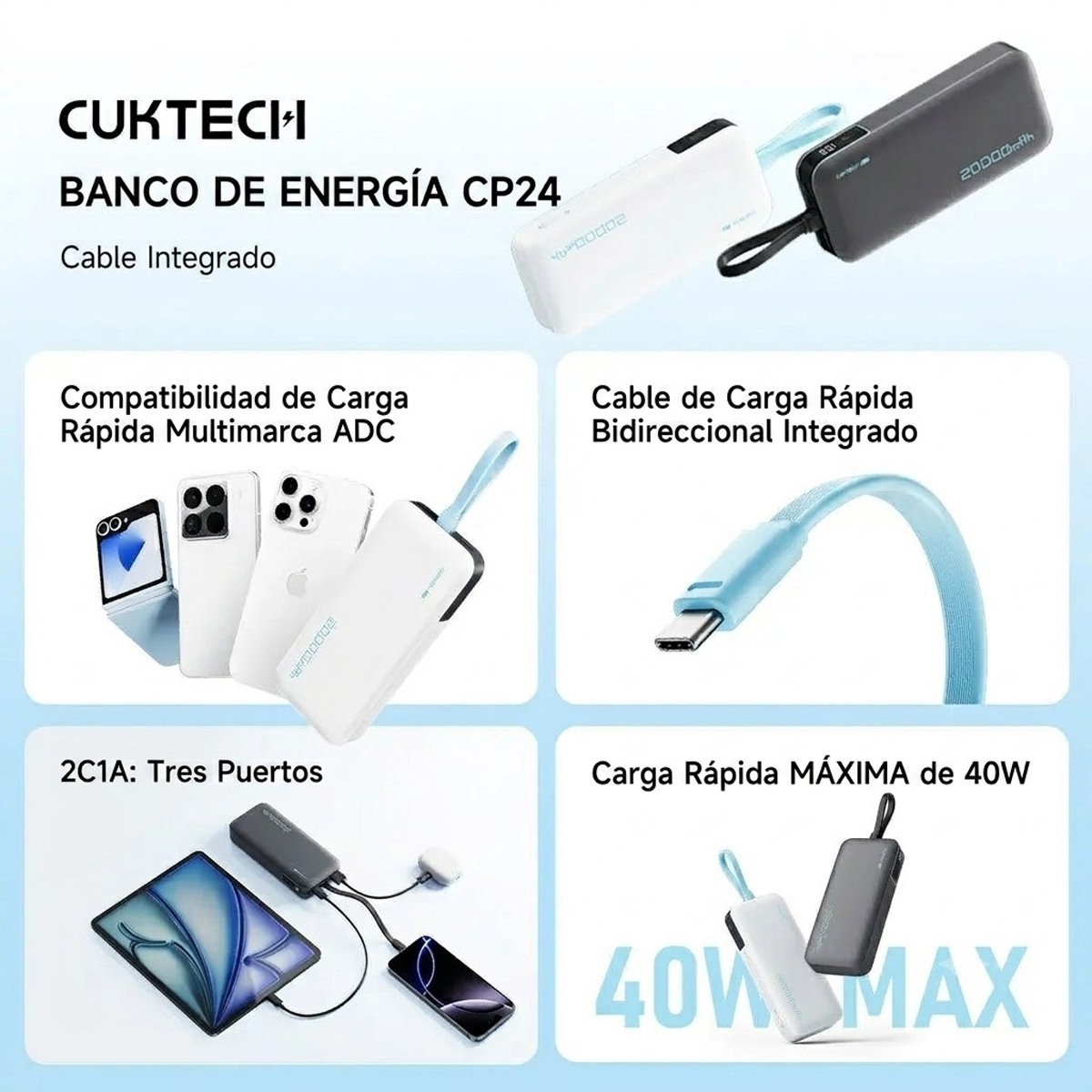 POWER BANK CUKTECH 20000MAH CP24 40W CON CABLE USB-C INTEGRADO - BLANCO - 4