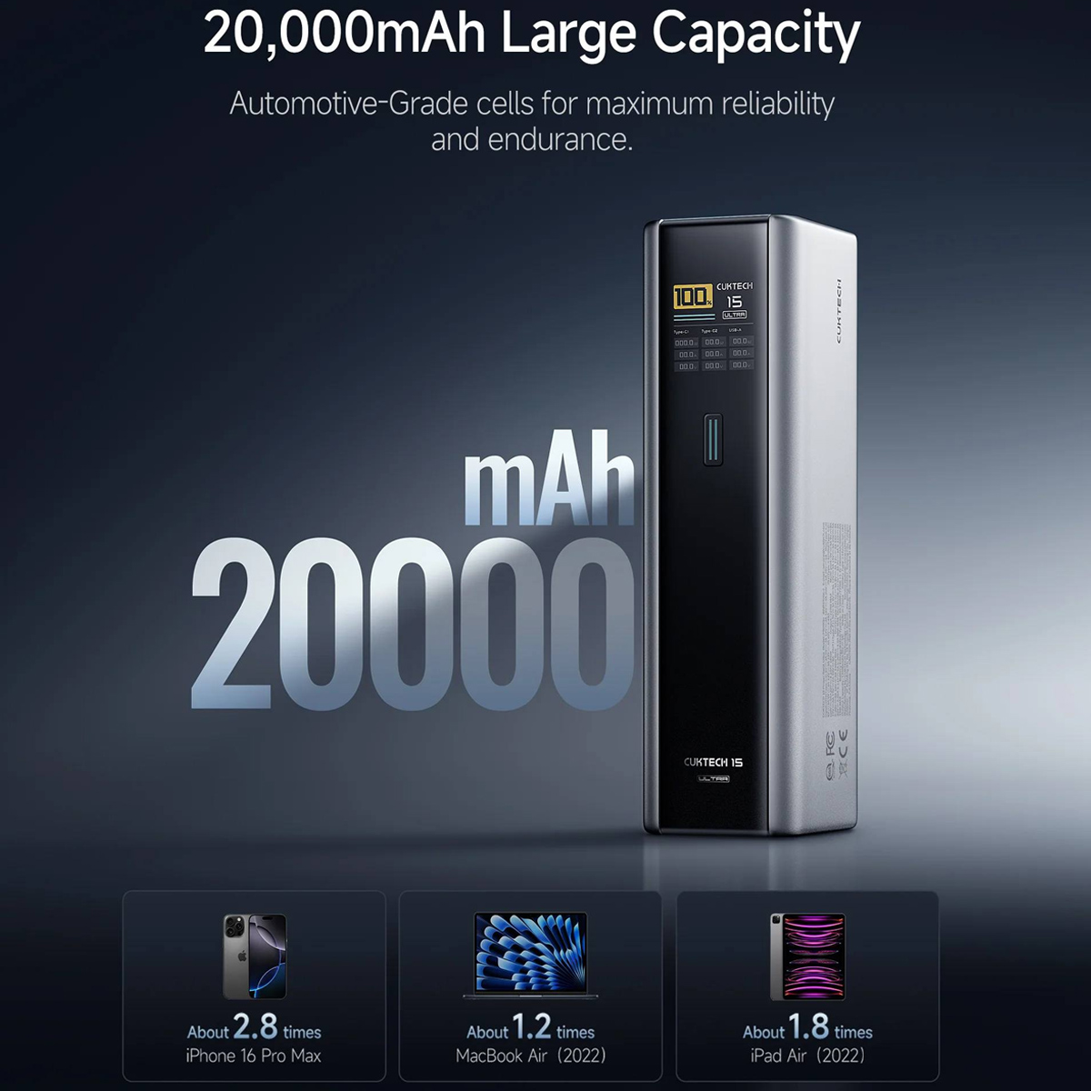 POWER BANK 20000MAH CUKTECH 15 ULTRA 3 PORTS 210W MAX PARA CELULAR Y LAPTOS OTROS - 4