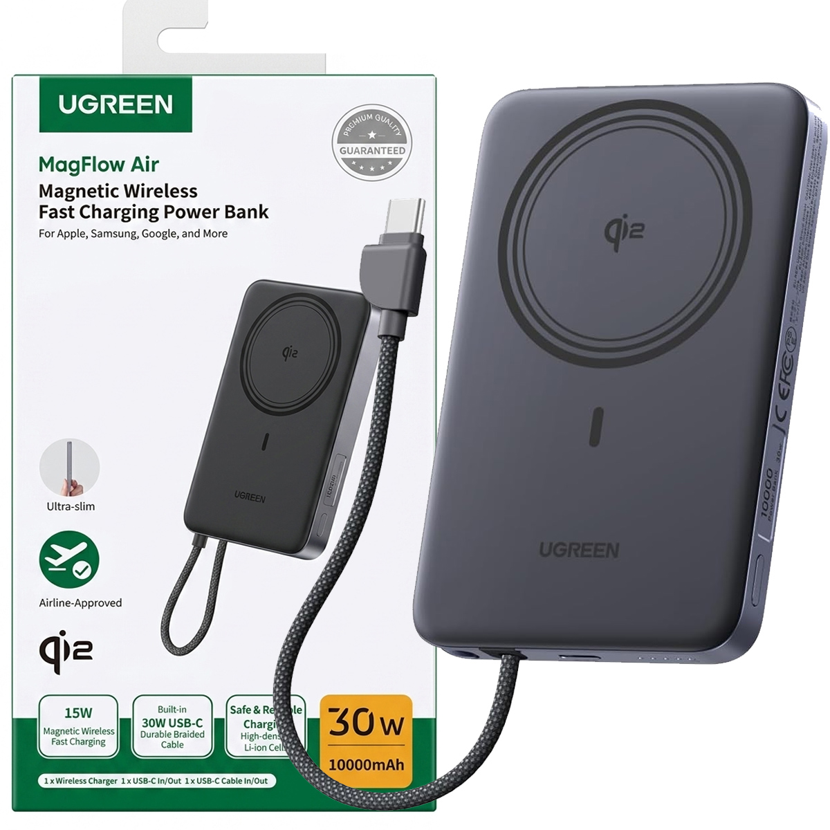 POWER BANK MAGNÉTICO UGREEN 10000MAH 30W QI2 MAGFLOW AIR PB570 - 75982B NEGRO - 1