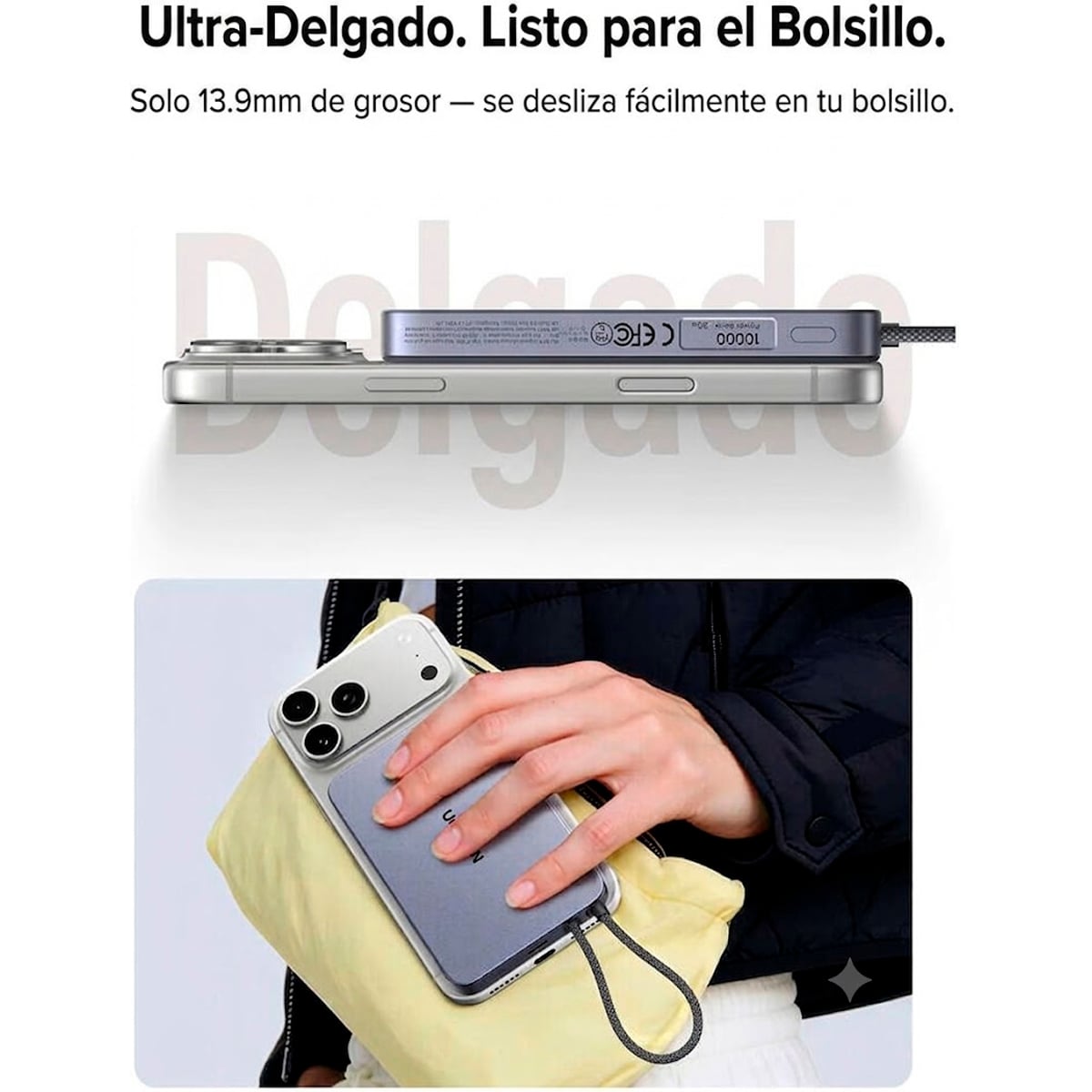POWER BANK MAGNÉTICO UGREEN 10000MAH 30W QI2 MAGFLOW AIR PB570 - 75982B NEGRO - 3
