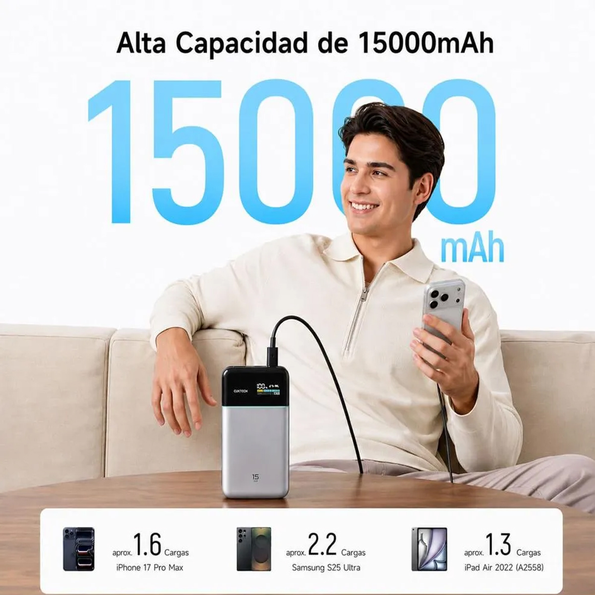 POWER BANK CUKTECH 15 AIR PB150S 15000MAH 100W CON PANTALLA TFT - 6