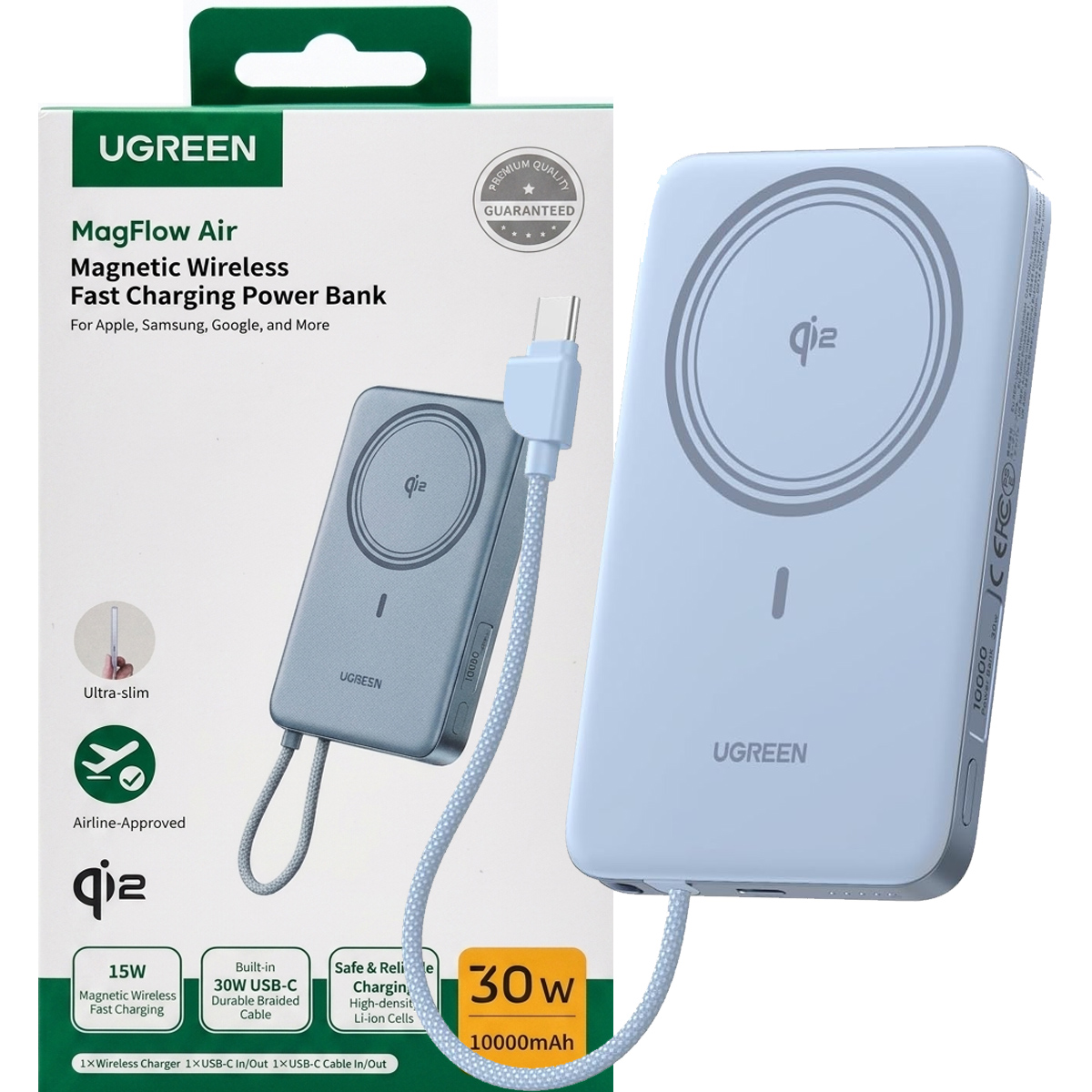 POWER BANK MAGNÉTICO UGREEN 10000MAH 30W QI2 MAGFLOW AIR AZUL PB570 - 65839B - 1