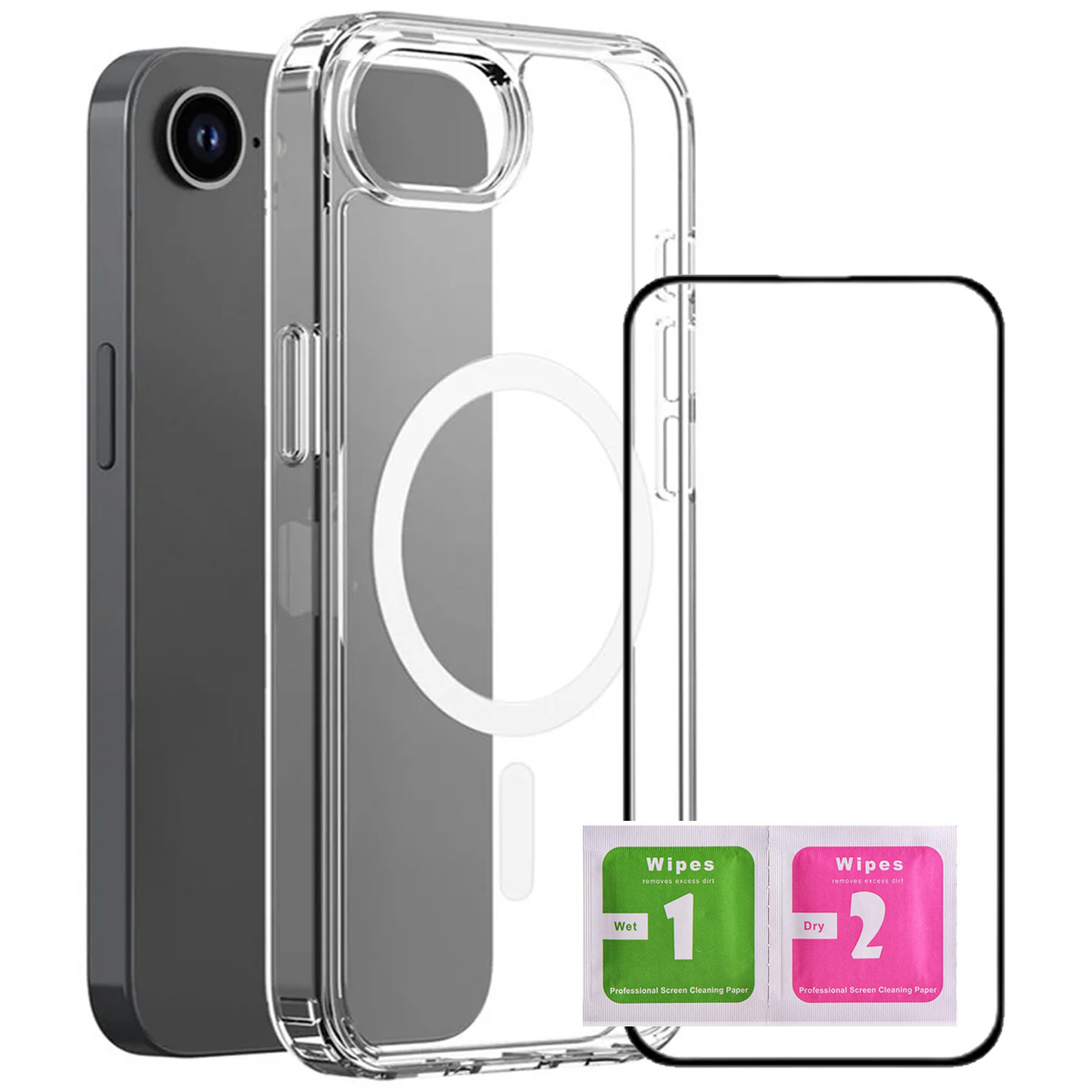 CASE TRANSPARENTE MAGNÉTICO + MICA DE VIDRIO PARA IPHONE 16E - 1