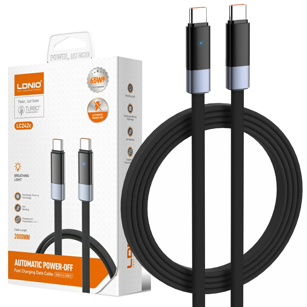 CABLE TIPO C A C LDNIO 65W LC242C CON CORTE AUTOMÁTICO 480 MBPS 2M - 1