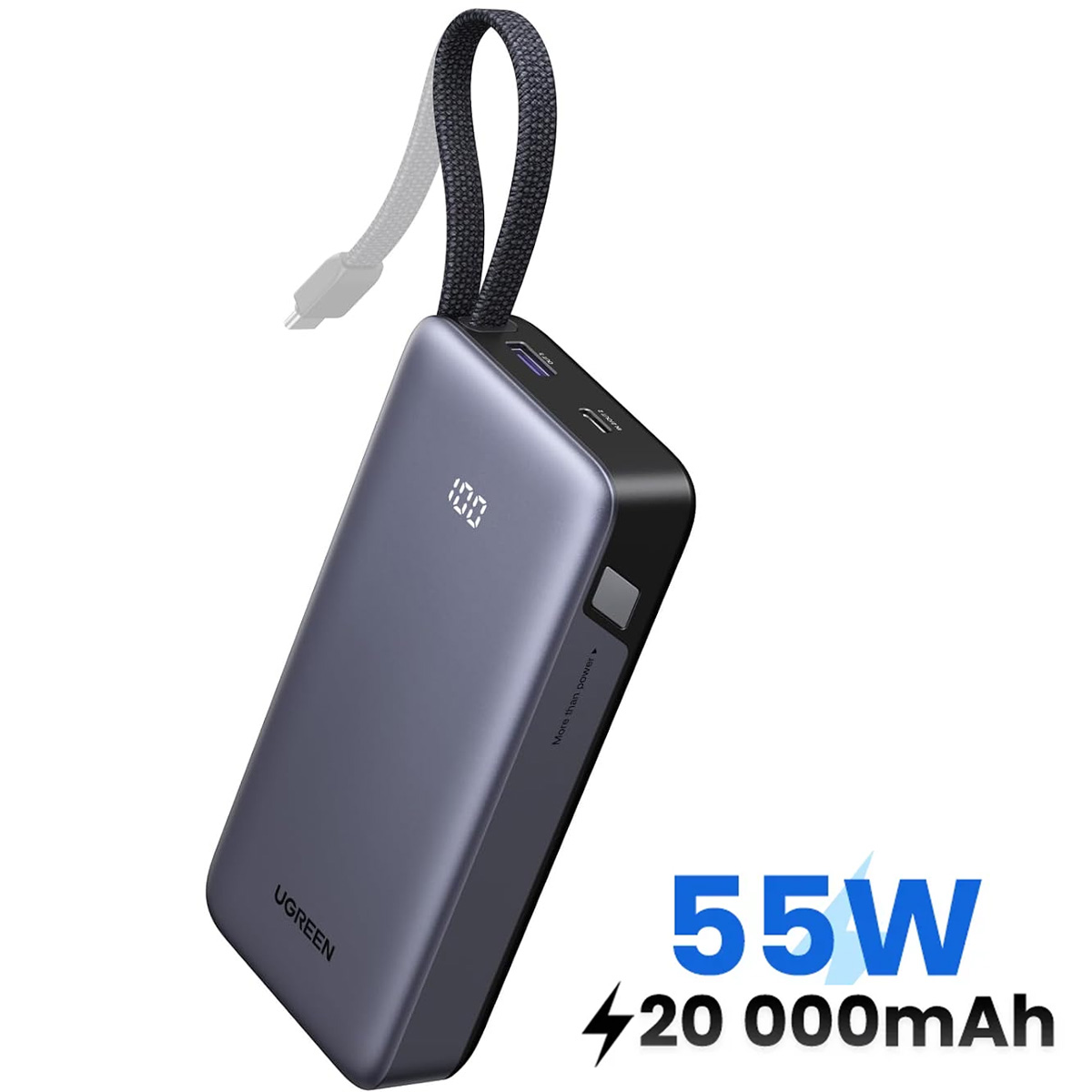 POWER BANK UGREEN PB537 20000 MAH PD 55W CON CABLE INTEGRADO BLACK - 1