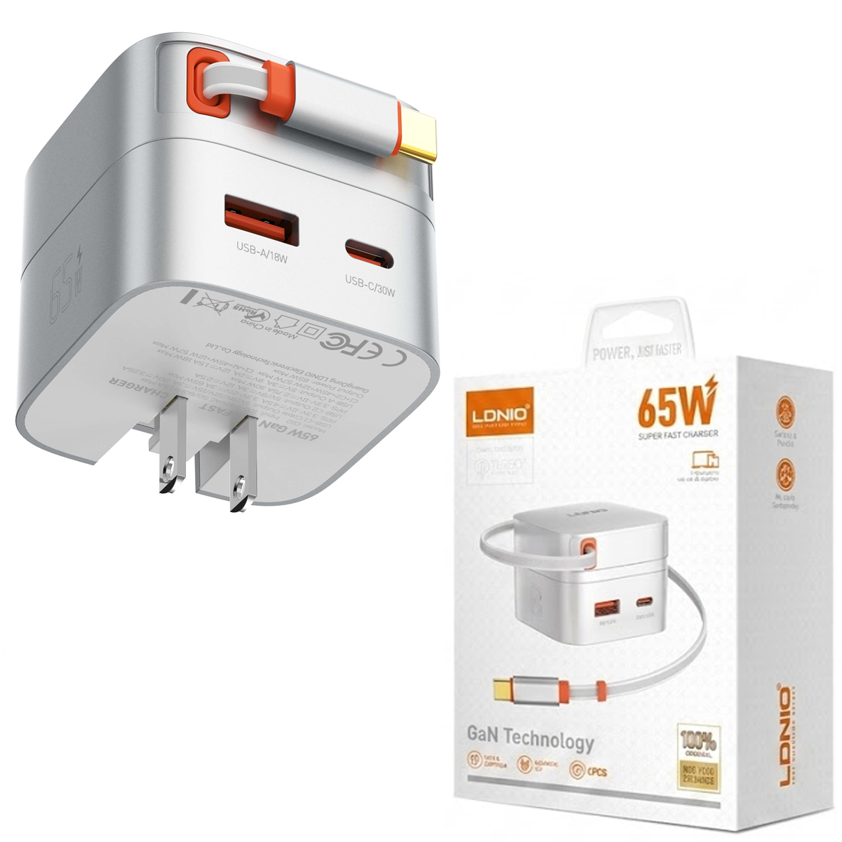 CARGADOR LDNIO Q10 45W CON CABLE USB-C INTEGRADO PARA ANDROID, LAPTOP MACBOOK, OTROS - 1