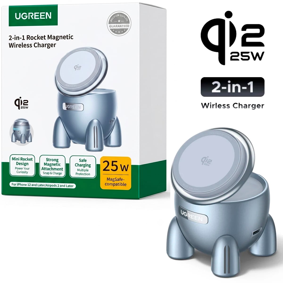 BASE CARGADOR INALÁMBRICO UGREEN QI2 25W PARA IPHONE, AUDIFONOS W713 65300 - 2