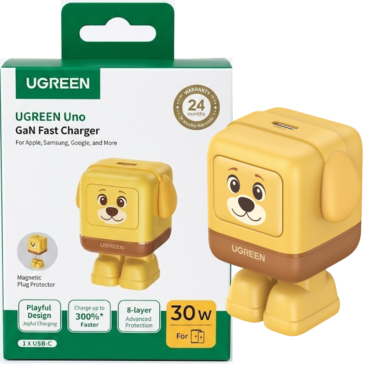 CARGADOR RÁPIDO USB-C GAN DE 30W ROBOT UGREEN UNO X608 - AMARILLO - 1