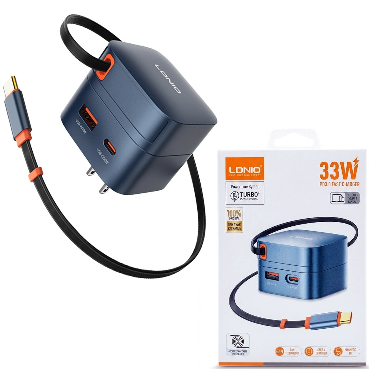 CARGADOR LDNIO Q9 33W USB-C CON CABLE RETRÁCTIL PARA IPHONE SAMSUNG - NEGRO - 1