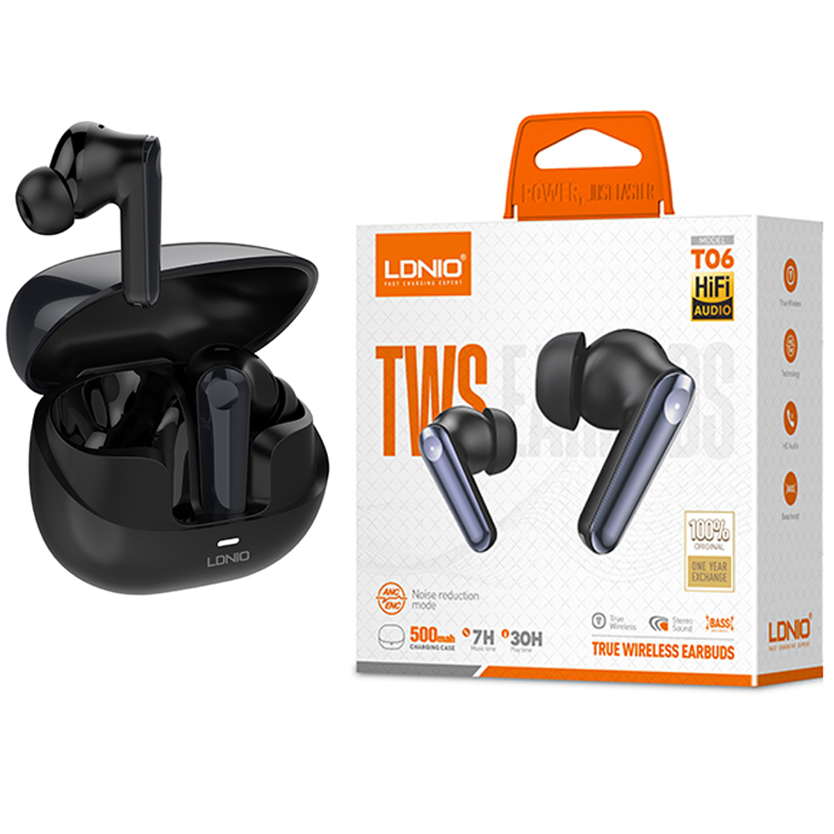 AUDÍFONOS INALÁMBRICOS LDNIO T06 BLUETOOTH ANC HIFI 30H - NEGRO - 1