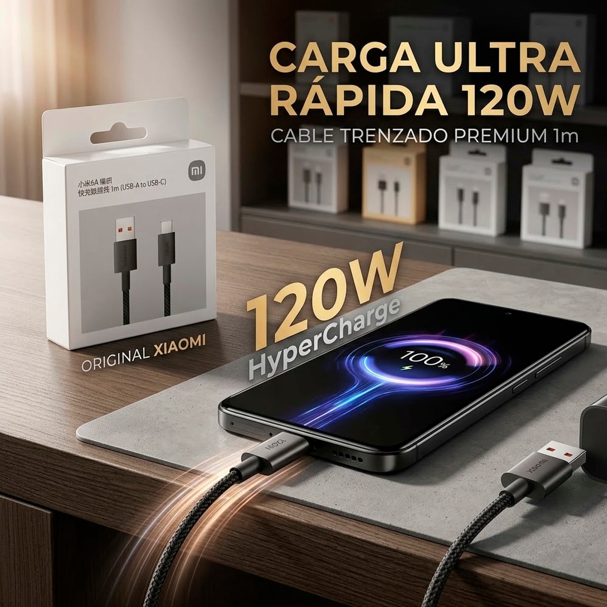 CABLE XIAOMI 6A USB-A A C 120W NYLON PARA POCO F6 PRO, POCO F5 PRO NEGRO - 5