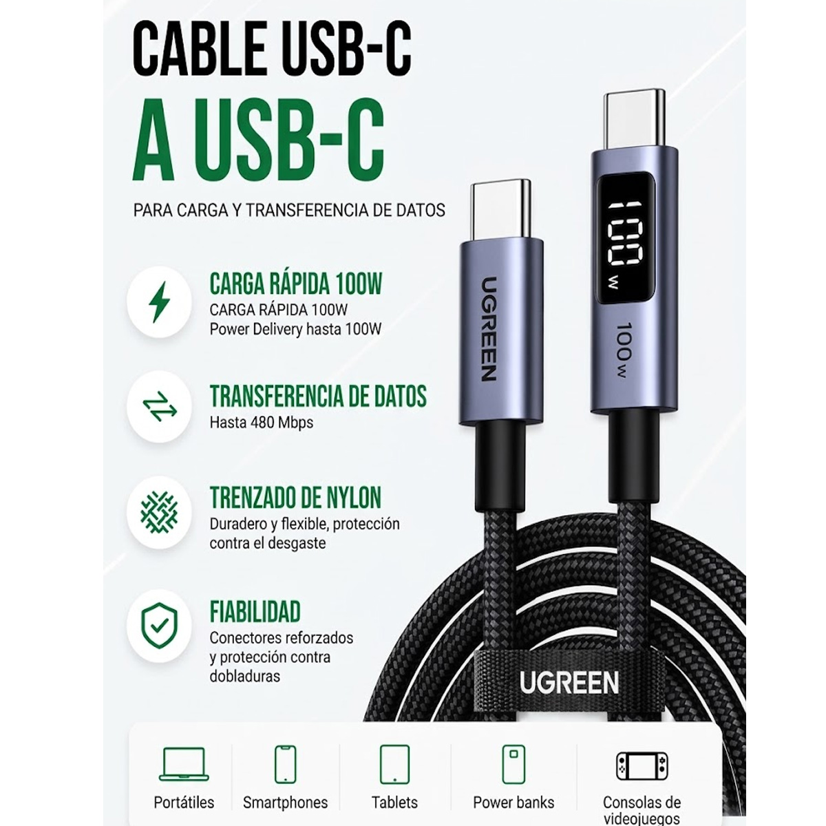 CABLE USB-C A USB-C UGREEN 100W 1M PANTALLA LED L529 - 65862 - 3