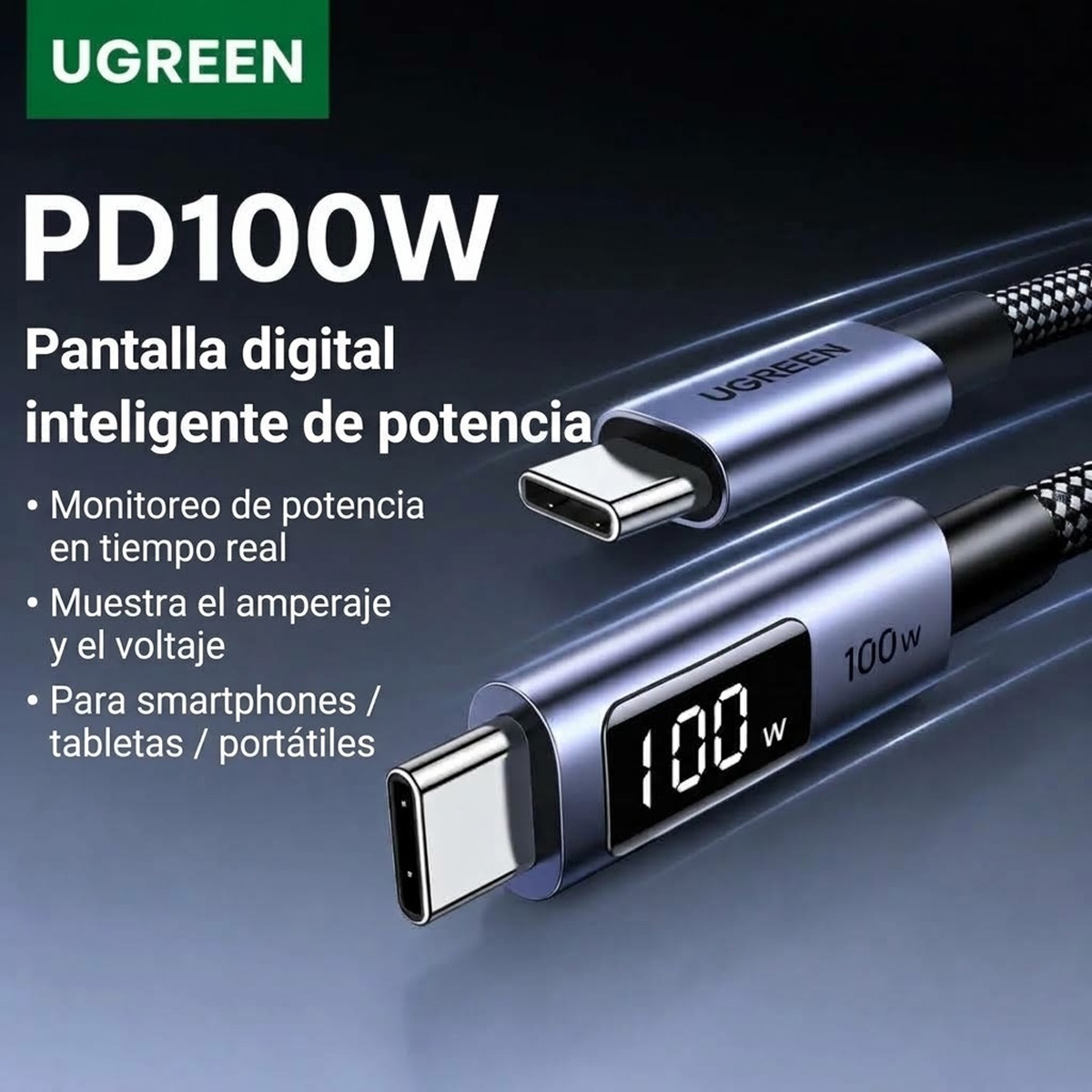 CABLE USB-C A USB-C UGREEN 100W 1M PANTALLA LED L529 - 65862 - 5