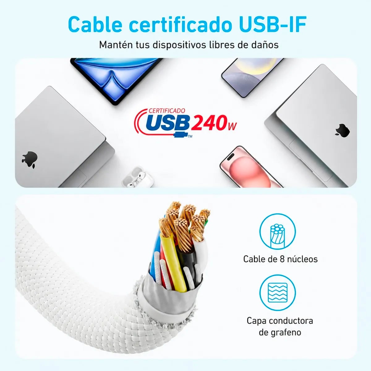 CABLE DE CARGA ANKER ZOLO USB-C A C DE 240W 1.8M CABLE BARIDED - BLANCO - 3
